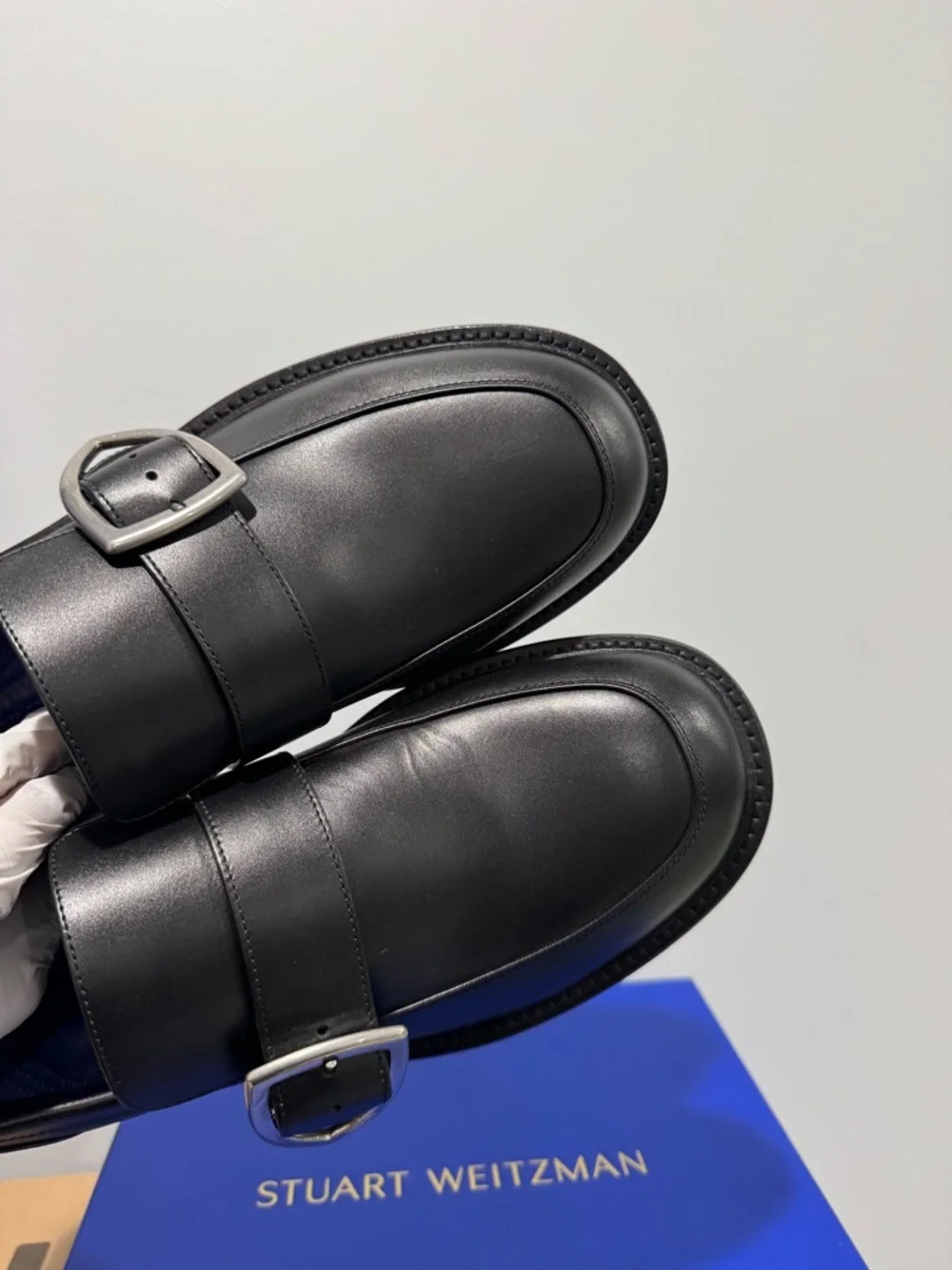 Burberry Black Leather Buckle Monk Strap Loafers with Blue Insole